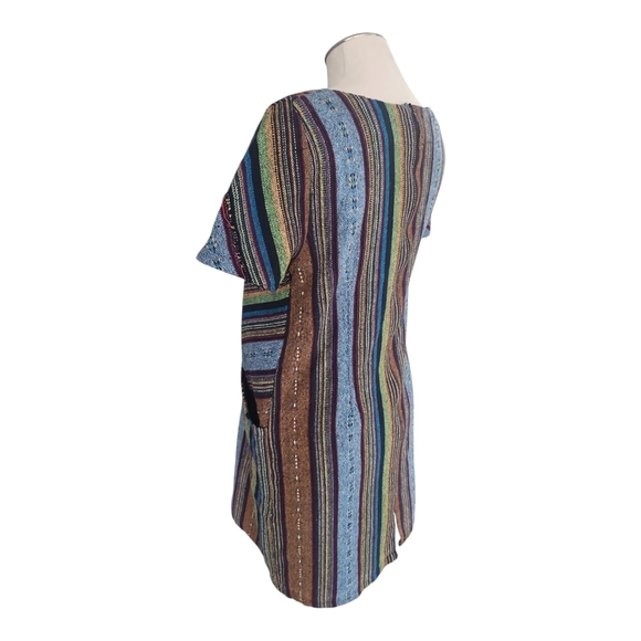 BoHo Hippie Drug Rug Carpet Striped Multicolor Short Sleeve Dress with Pockets L - Picture 5 of 11